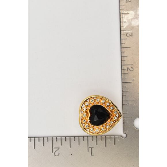 Vintage Crystal Heart Clip On Earrings Black Chunky Gold Heavy NOS 1980s A22 - Picture 13 of 16